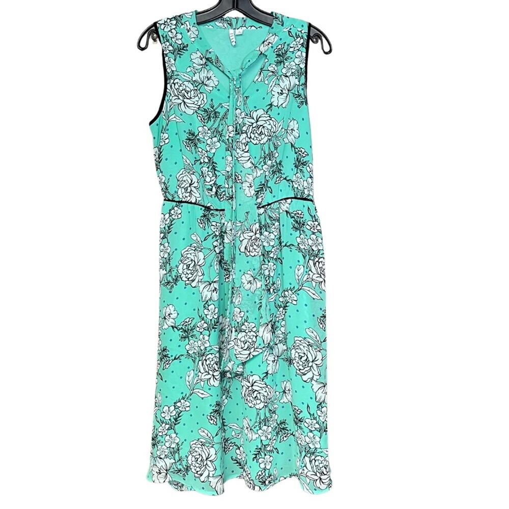 Elle sleeveless dress green blue floral tie neck flowy summer lined size medium